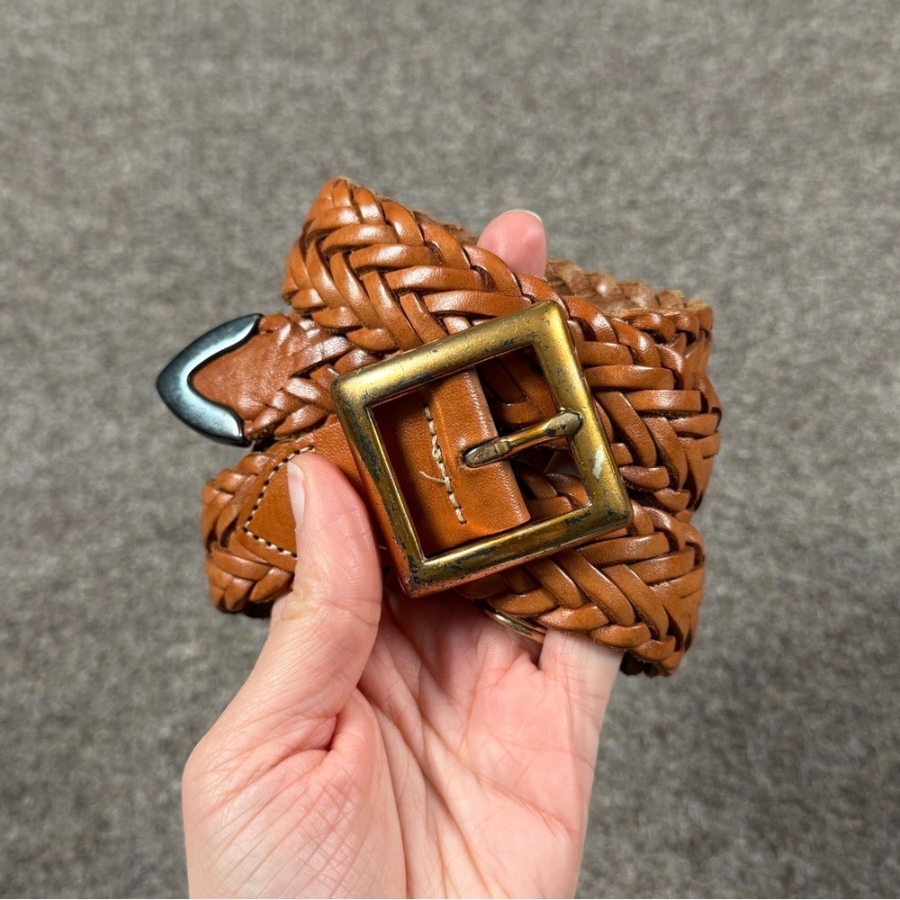 Camel Brown Genuine Leather Braided Woven Belt Women 30 Gold Brass Square Buckle